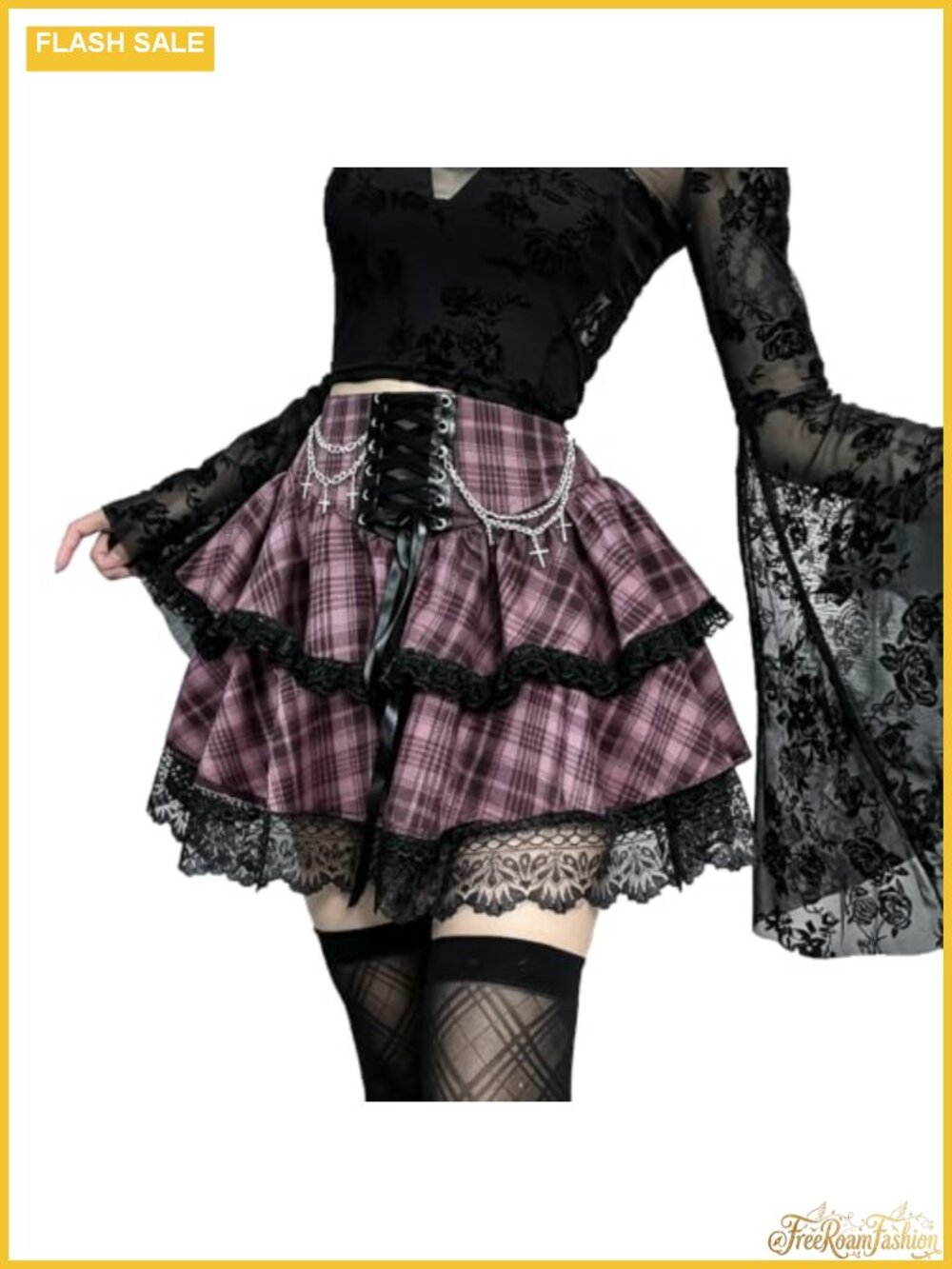 AULKEEP Lace Up Chain Gothic Mini Skirt Pleated High Waist A-Line